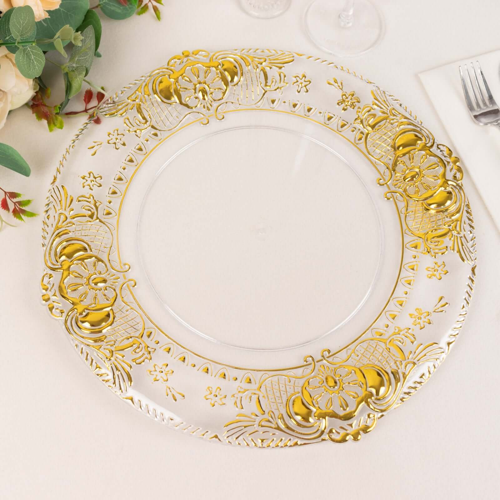 6-Pack Plastic Charger Plates 13" Round Clear with Gold Florentine Embossed Rim - Exquisite Dinner Serving Plates