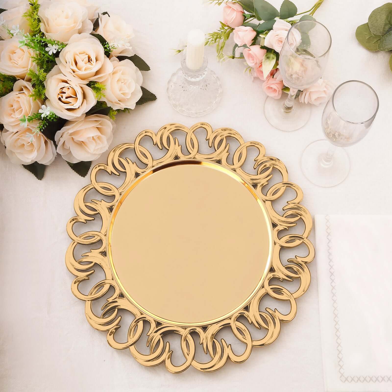 6-Pack Plastic Charger Plates 13" Round Gold with Entwined Swirl Rim - Plastic Disposable Decorative Chargers